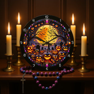 Spooky Halloween Graveyard Jack-o'-Lanterns Large Clock