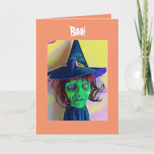 Spooky Halloween Green Witch Face Greeting Card