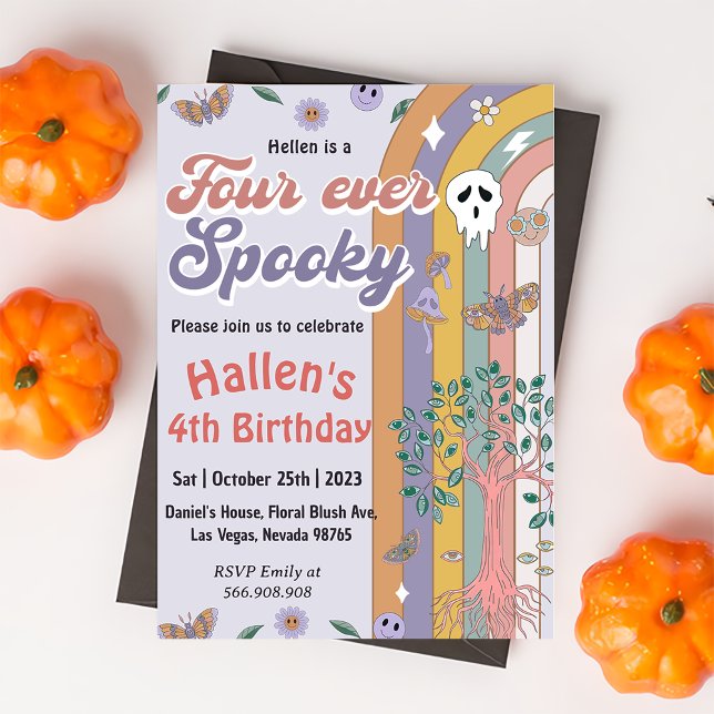 Spooky Halloween Groovy Rainbow 4th Birthday Party Invitation (Creator Uploaded)