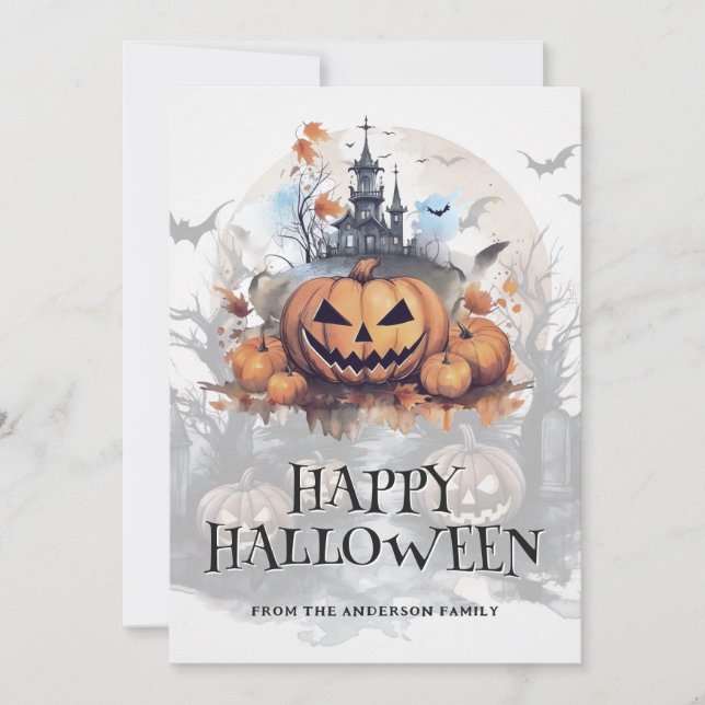 Spooky Halloween Haunted House Bats Jack-O-Lantern Holiday Card (Front)