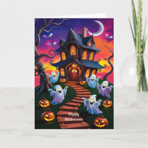 Spooky Halloween Haunted House Illustration Card