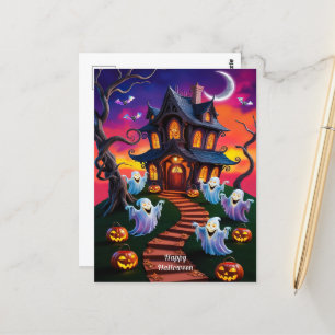 Spooky Halloween Haunted House Illustration Postcard