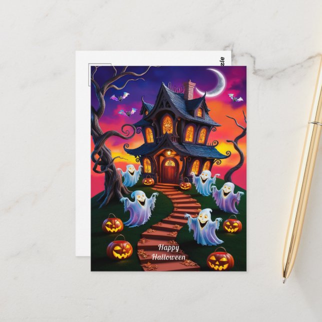 Spooky Halloween Haunted House Illustration Postcard (Front/Back In Situ)
