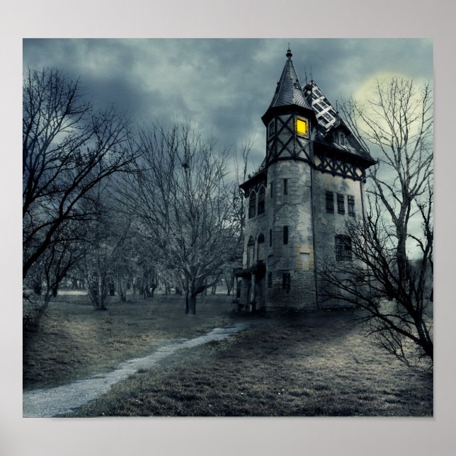 Spooky Halloween! Haunted house on graveyard Poster (Front)