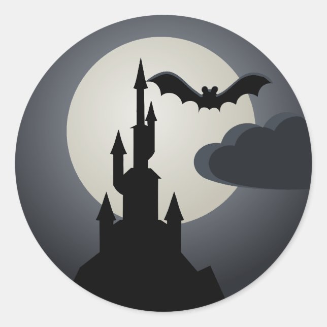 Spooky Halloween Haunted House on Hill Classic Round Sticker (Front)