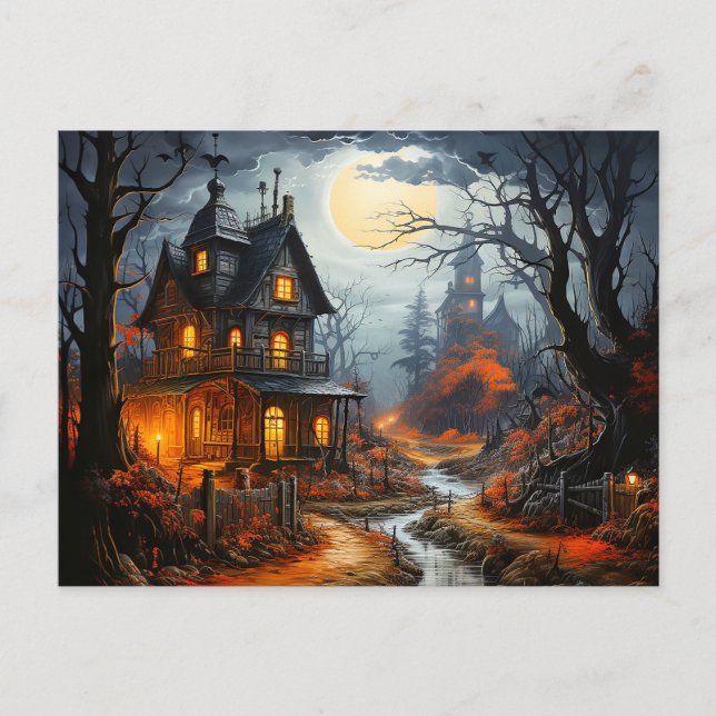 Spooky Halloween Haunted House Postcard (Front)