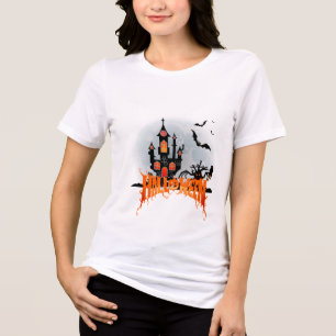 Spooky Halloween Haunted House Pumpkin Bats Tri-Blend Shirt