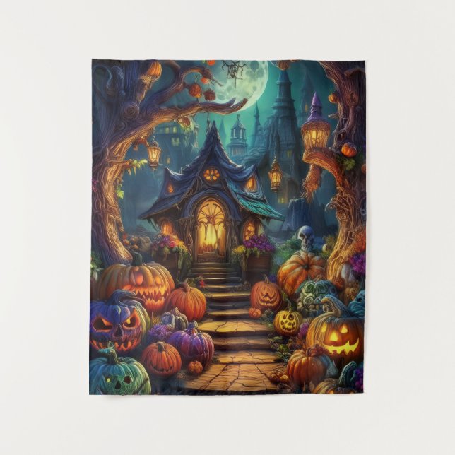 Spooky Halloween Haunted House & Trail Tapestry (Front)