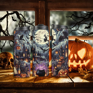 Spooky Halloween haunted house Witch and Pumpkins Thermal Tumbler