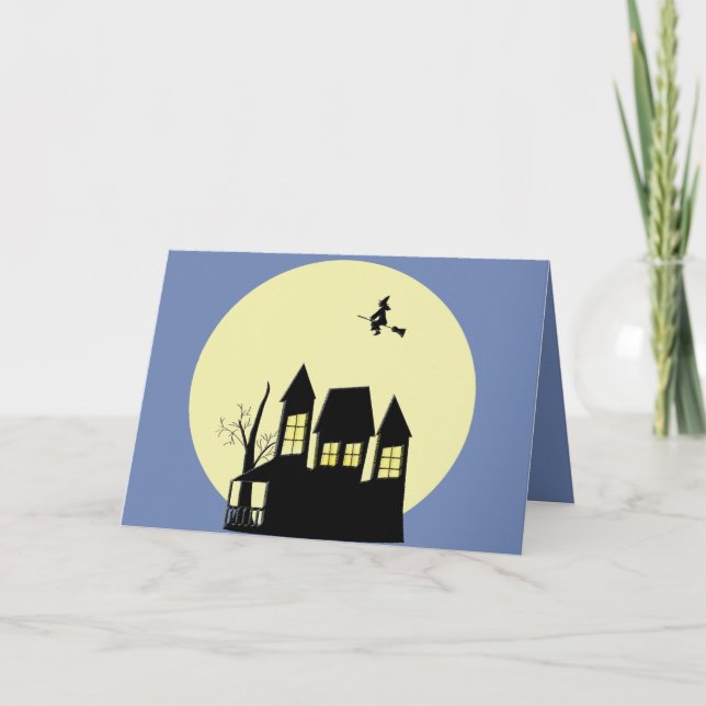 Spooky Halloween Haunted House Witch Full Moon Card (Front)