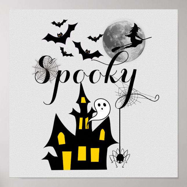 Spooky Halloween Haunted House with Witch and Bats Poster (Front)