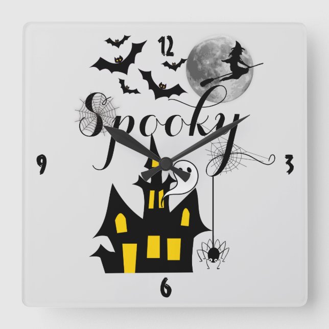 Spooky Halloween Haunted House with Witch and Bats Square Wall Clock (Front)