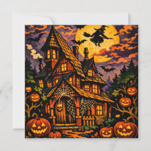Spooky Halloween Haunted House with Witch Holiday Card