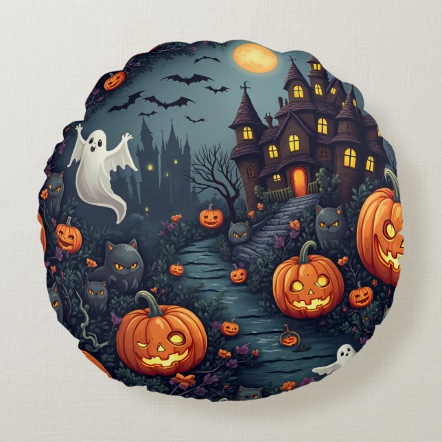 Spooky Halloween Haunted Night Round Throw Pillow (Front)