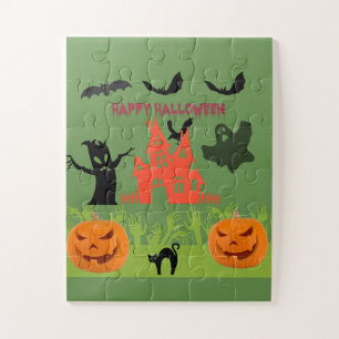 Spooky Halloween Haunted Silhouette Green Night Jigsaw Puzzle
