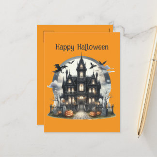 Spooky Halloween haunter house Holiday Postcard