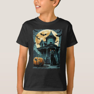 Spooky Halloween house with black cat T-Shirt