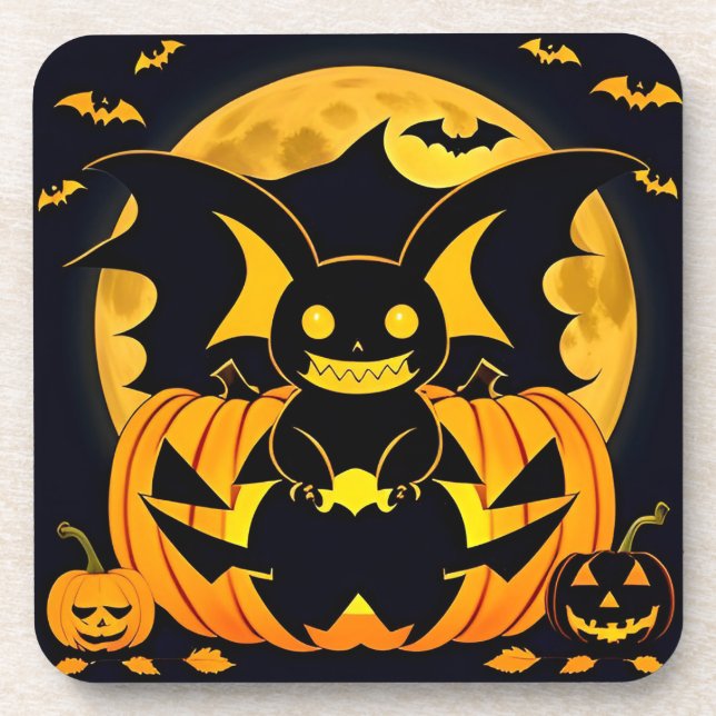 Spooky Halloween Illustration Featuring Bat Pumpki Coaster (Front)
