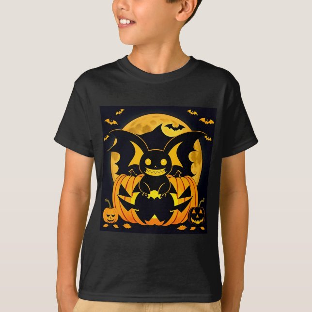 Spooky Halloween Illustration Featuring Bat Pumpki T-Shirt (Front)