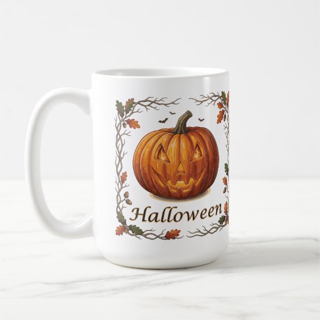 Spooky Halloween Jack-o'-Lantern Autumn Leaf Frame Coffee Mug (Left)