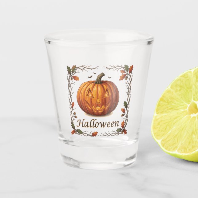 Spooky Halloween Jack-o'-Lantern Autumn Leaf Frame Shot Glass (Front)