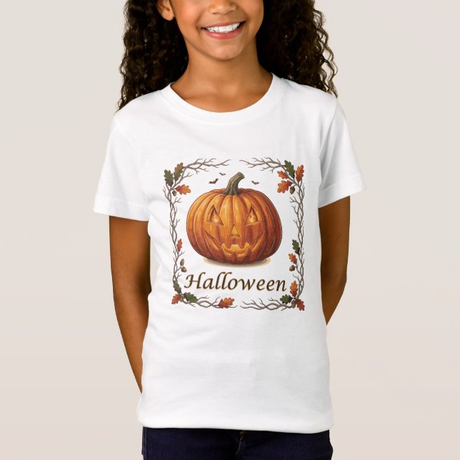 Spooky Halloween Jack-o'-Lantern Autumn Leaf Frame T-Shirt (Front)