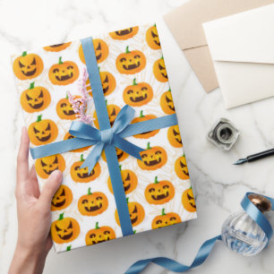Spooky Halloween Jack O Lantern White Orange Wrapping Paper