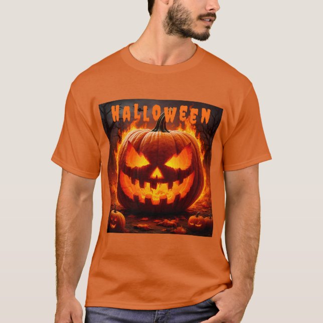 Spooky Halloween Jack-O'-Lantern with Flame T-Shirt (Front)
