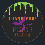 Spooky Halloween Kids Birthday Thank You Classic Round Sticker<br><div class="desc">Spooky Halloween birthday thank you sticker with green slime and purple bats on a black background. Use the design tools to personalise the text,  font and colours.</div>