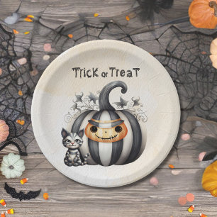 Spooky Halloween Kitten Black Striped Pumpkin Paper Plate