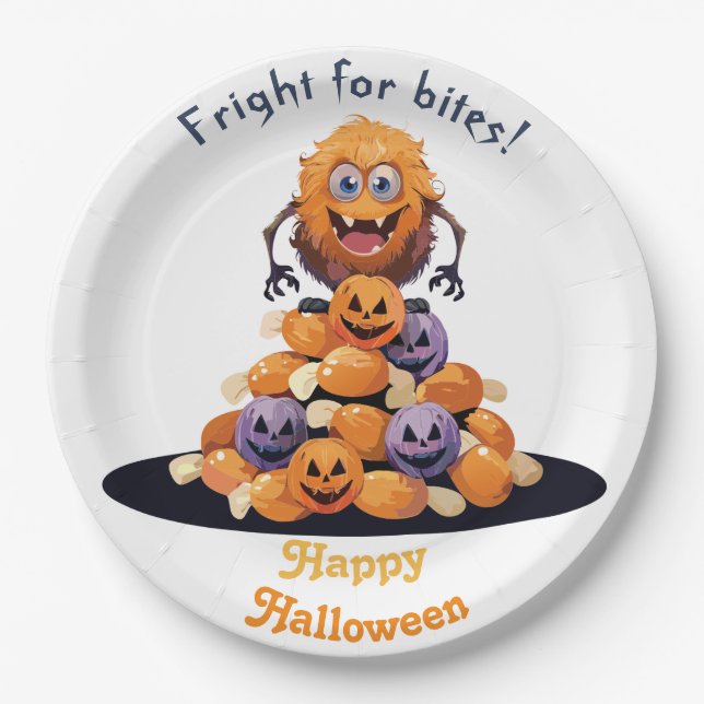 Spooky Halloween Monster On Pile Of Candy Paper Plate (Front)