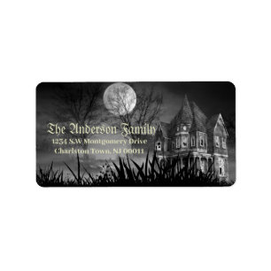 Spooky Halloween Moon Haunted House Scene Label