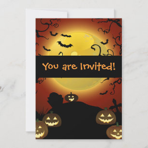 Spooky Halloween Moon, Pumpkins and Bats Invitatio Invitation
