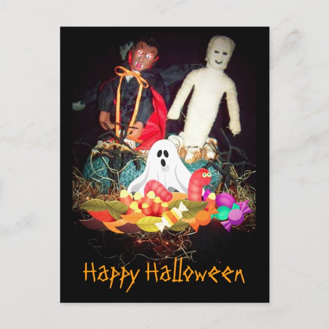 Spooky Halloween Mummy and Ghost Holiday Postcard (Front)