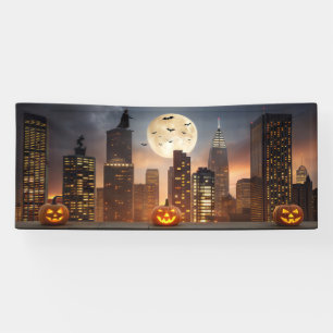 Spooky Halloween Night Cityscape with Pumpkin Banner