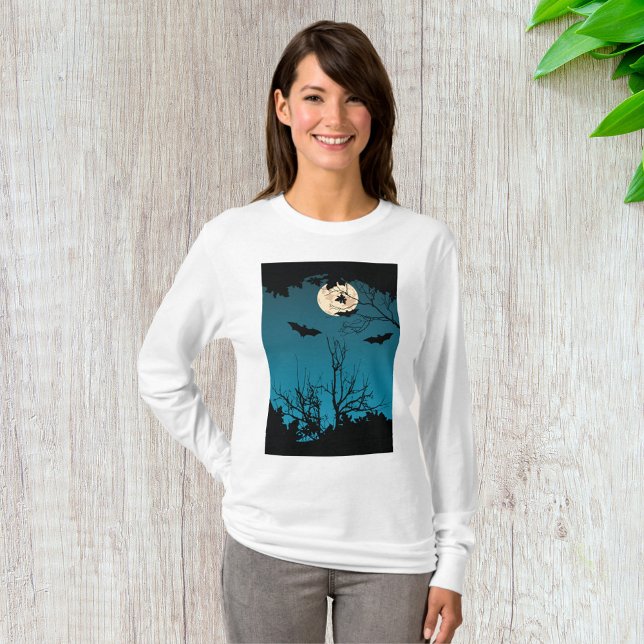 Spooky Halloween Night Full Moon and Flying Bats  T-Shirt (Creator Uploaded)