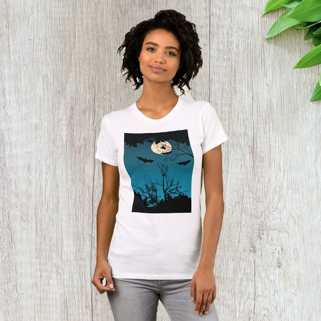 Spooky Halloween Night Full Moon and Flying Bats  T-Shirt (Creator Uploaded)