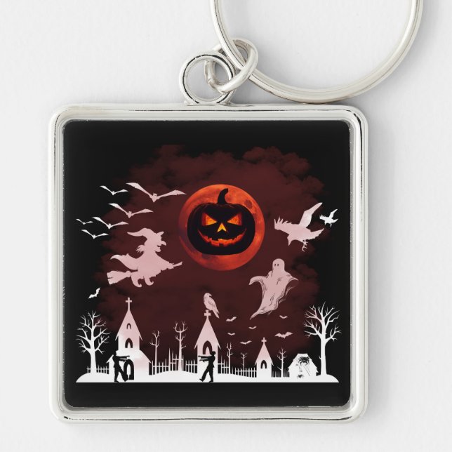 Spooky Halloween Night Full Moon Pumpkin Scene Key Ring (Front)