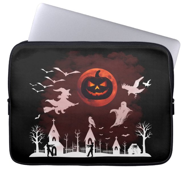 Spooky Halloween Night Full Moon Pumpkin Scene Laptop Sleeve (Front)