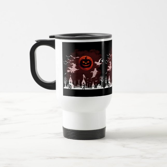Spooky Halloween Night Full Moon Pumpkin Scene Travel Mug (Left)