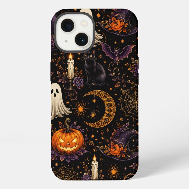 Spooky Halloween Night Pumpkin & Ghost Pattern Art iPhone Case (Back)