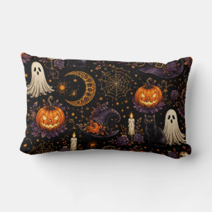 Spooky Halloween Night Pumpkin & Ghost Pattern Art Lumbar Cushion
