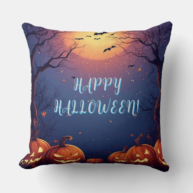 Spooky Halloween Night with Glowing Pumpkins Cushion (Front)
