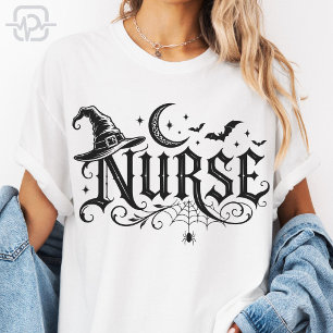 Spooky Halloween Nurse Witch Hat Moon Bats Web T-Shirt
