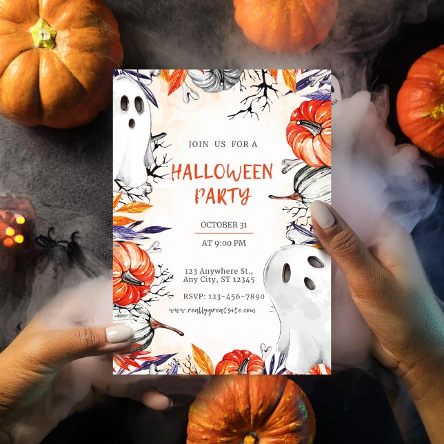 Spooky Halloween Party Invitation Ghost Pumpkin Postcard (Editable Halloween Party Invite - Spooky Ghost & Pumpkin Design Orang)