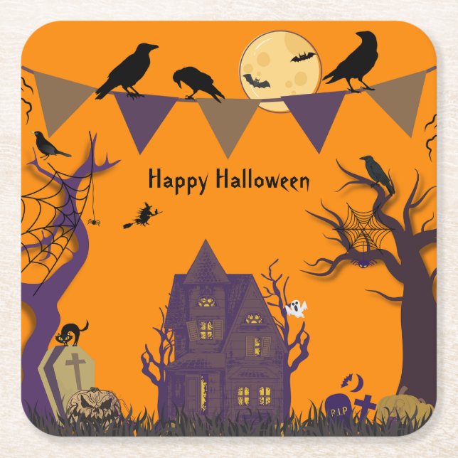 Spooky Halloween Party Invitation Square Paper Coaster (Front)