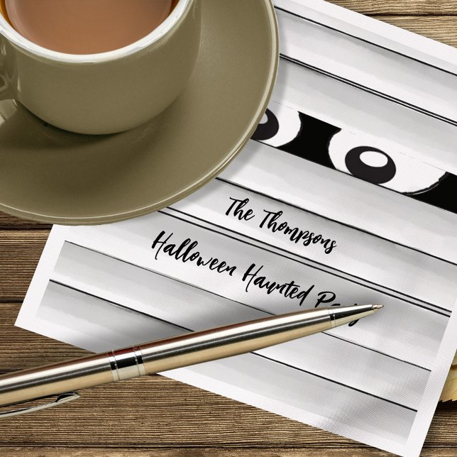 Spooky Halloween Party Mummy Custom Napkin (Black and White Halloween Mummy Personalized Cocktail Napkins.)