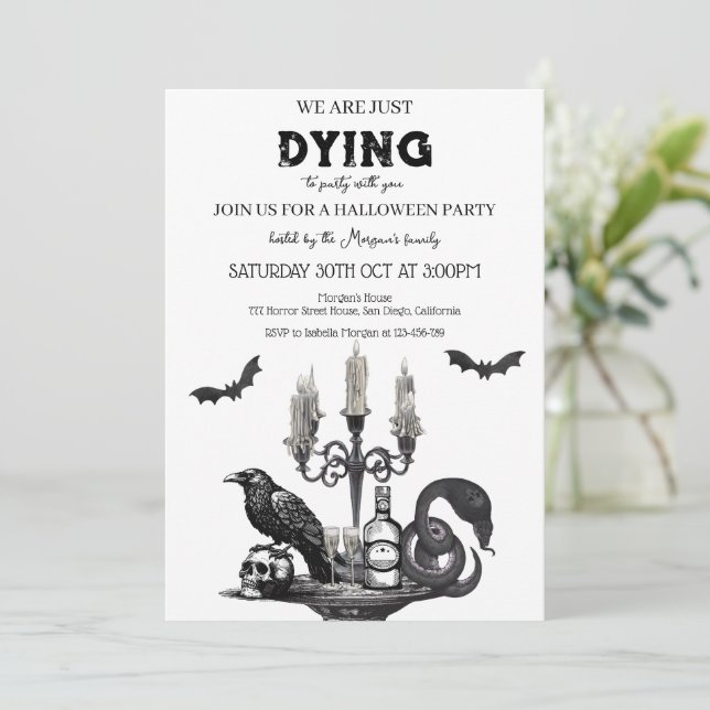 Spooky Halloween Party- Raven, Skull & Bats Invitation (Standing Front)