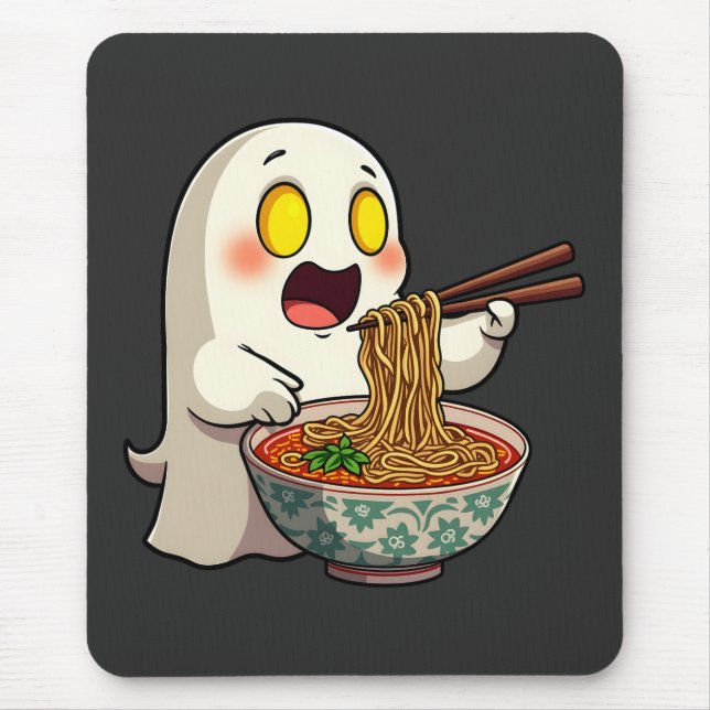 Spooky Halloween Pastel Kawaii Ghost Eating Ramen  Mouse Pad (Front)
