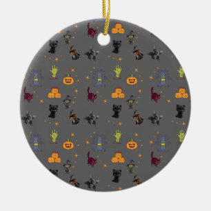 Spooky Halloween Pattern with Black Cats, Pumpkins Ceramic Tree Decoration